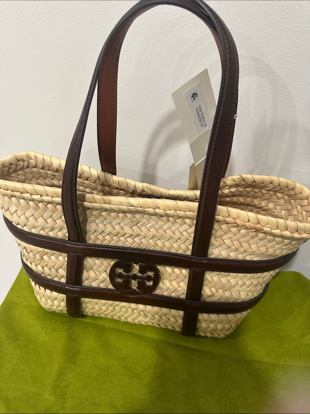 Tory Burch Cream Woven Straw Tote with Brown Leather Trim and Logo